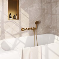 Brauer Brauer Gold Edition Thermostatische Inbouw Badkraan met Omstel, Uitloop, Stopkranen, Wandhouder met Wateruitlaat, 3-Standen Handdouche & Doucheslang - Set 2 - Draaiknoppen - PVD - Geborsteld Goud