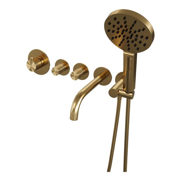 Brauer Brauer Gold Edition Thermostatische Inbouw Badkraan met Omstel, Uitloop, Stopkranen, Wandhouder met Wateruitlaat, 3-Standen Handdouche & Doucheslang - Set 2 - Draaiknoppen - PVD - Geborsteld Goud