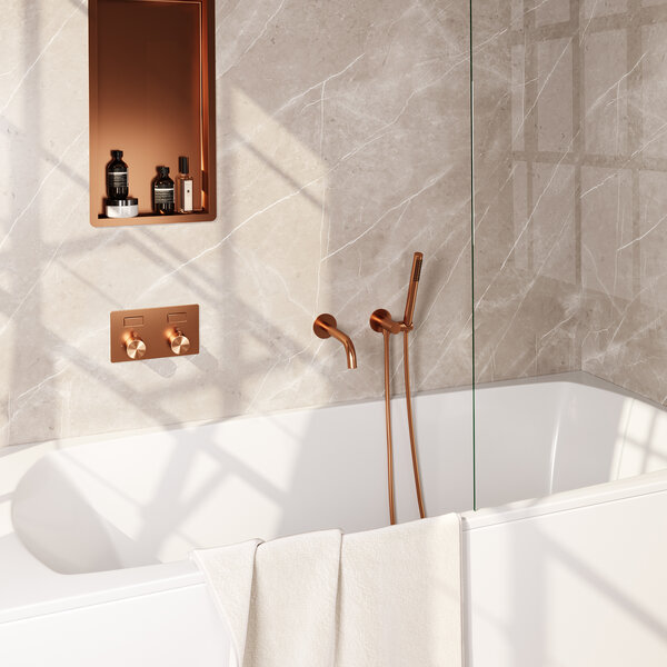 Brauer Brauer Copper Edition Thermostatische Inbouw Badkraan met Omstel, Uitloop, Drukknoppen, Wandhouder met Wateruitlaat, Staafhanddouche & Doucheslang - Set 3 - Draaiknoppen - PVD - Geborsteld Koper