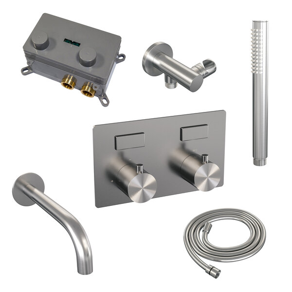 Brauer Brauer Brushed Edition Thermostatische Inbouw Badkraan met Omstel, Uitloop, Drukknoppen, Wandhouder met Wateruitlaat, Staafhanddouche & Doucheslang - Set 3 - Draaiknoppen - PVD - Geborsteld RVS