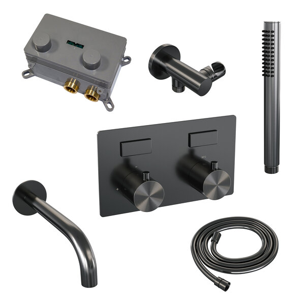 Brauer Brauer Gunmetal Edition Thermostatische Inbouw Badkraan met Omstel, Uitloop, Drukknoppen, Wandhouder met Wateruitlaat, Staafhanddouche & Doucheslang - Set 3 - Draaiknoppen - PVD - Geborsteld Gunmetal