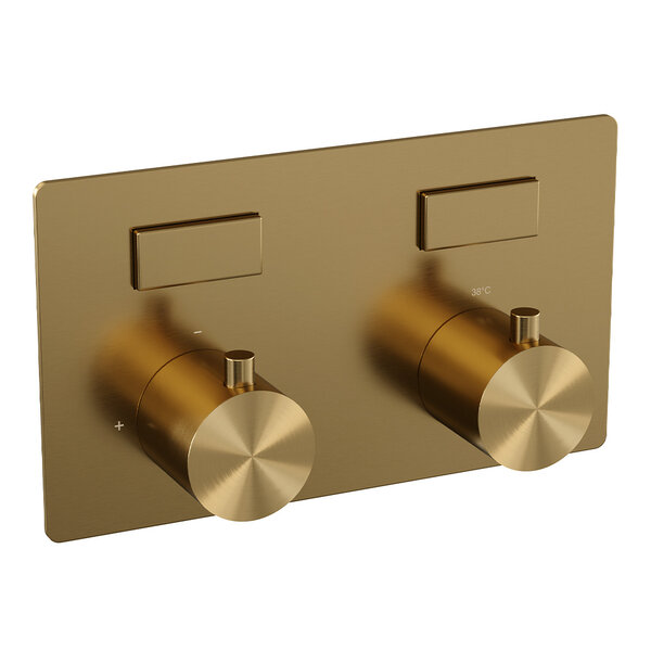 Brauer Brauer Gold Edition Thermostatische Inbouw Badkraan met Omstel, Uitloop, Drukknoppen, Wandhouder met Wateruitlaat, Staafhanddouche & Doucheslang - Set 3 - Draaiknoppen - PVD - Geborsteld Goud