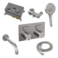 Brauer Brauer Brushed Edition Thermostatische Inbouw Badkraan met Omstel, Uitloop, Drukknoppen, Wandhouder met Wateruitlaat, 3-Standen Handdouche & Doucheslang - Set 4 - Draaiknoppen - PVD - Geborsteld RVS