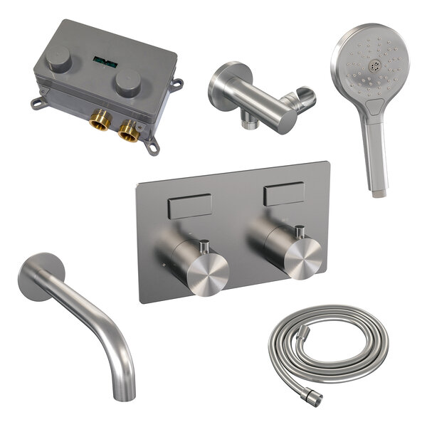 Brauer Brauer Brushed Edition Thermostatische Inbouw Badkraan met Omstel, Uitloop, Drukknoppen, Wandhouder met Wateruitlaat, 3-Standen Handdouche & Doucheslang - Set 4 - Draaiknoppen - PVD - Geborsteld RVS