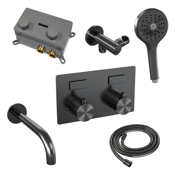 Brauer Brauer Gunmetal Edition Thermostatische Inbouw Badkraan met Omstel, Uitloop, Drukknoppen, Wandhouder met Wateruitlaat, 3-Standen Handdouche & Doucheslang - Set 4 - Draaiknoppen - PVD - Geborsteld Gunmetal