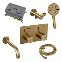 Brauer Brauer Gold Edition Thermostatische Inbouw Badkraan met Omstel, Uitloop, Drukknoppen, Wandhouder met Wateruitlaat, 3-Standen Handdouche & Doucheslang - Set 4 - Draaiknoppen - PVD - Geborsteld Goud