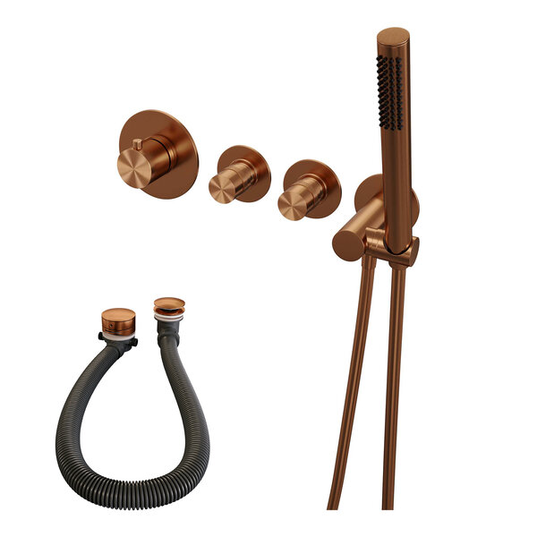 Brauer Brauer Copper Edition Thermostatische Inbouw Badkraan met Omstel, Badvulcombinatie, Stopkranen, Wandhouder met Wateruitlaat, Staafhanddouche & Doucheslang - Set 1 - Draaiknoppen - PVD - Geborsteld Koper