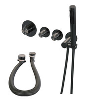 Brauer Brauer Gunmetal Edition Thermostatische Inbouw Badkraan met Omstel, Badvulcombinatie, Stopkranen, Wandhouder met Wateruitlaat, Staafhanddouche & Doucheslang - Set 1 - Draaiknoppen - PVD - Geborsteld Gunmetal