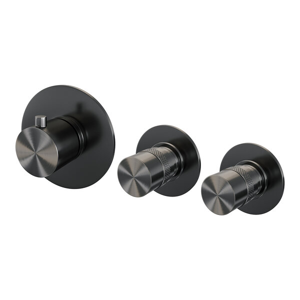 Brauer Brauer Gunmetal Edition Thermostatische Inbouw Badkraan met Omstel, Badvulcombinatie, Stopkranen, Wandhouder met Wateruitlaat, Staafhanddouche & Doucheslang - Set 1 - Draaiknoppen - PVD - Geborsteld Gunmetal