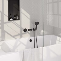 Brauer Brauer Black Edition Thermostatische Inbouw Badkraan met Omstel, Badvulcombinatie, Stopkranen, Wandhouder met Wateruitlaat, 3-Standen Handdouche & Doucheslang - Set 2 - Draaiknoppen - Mat Zwart