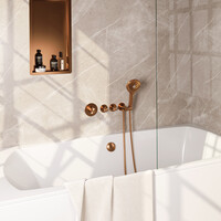 Brauer Brauer Copper Edition Thermostatische Inbouw Badkraan met Omstel, Badvulcombinatie, Stopkranen, Wandhouder met Wateruitlaat, 3-Standen Handdouche & Doucheslang - Set 2 - Draaiknoppen - PVD - Geborsteld Koper