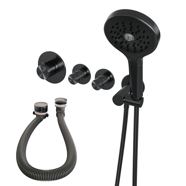 Brauer Brauer Gunmetal Edition Thermostatische Inbouw Badkraan met Omstel, Badvulcombinatie, Stopkranen, Wandhouder met Wateruitlaat, 3-Standen Handdouche & Doucheslang - Set 2 - Draaiknoppen - PVD - Geborsteld Gunmetal