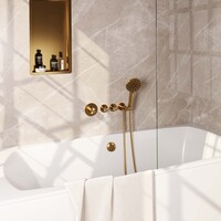 Brauer Brauer Gold Edition Thermostatische Inbouw Badkraan met Omstel, Badvulcombinatie, Stopkranen, Wandhouder met Wateruitlaat, 3-Standen Handdouche & Doucheslang - Set 2 - Draaiknoppen - PVD - Geborsteld Goud