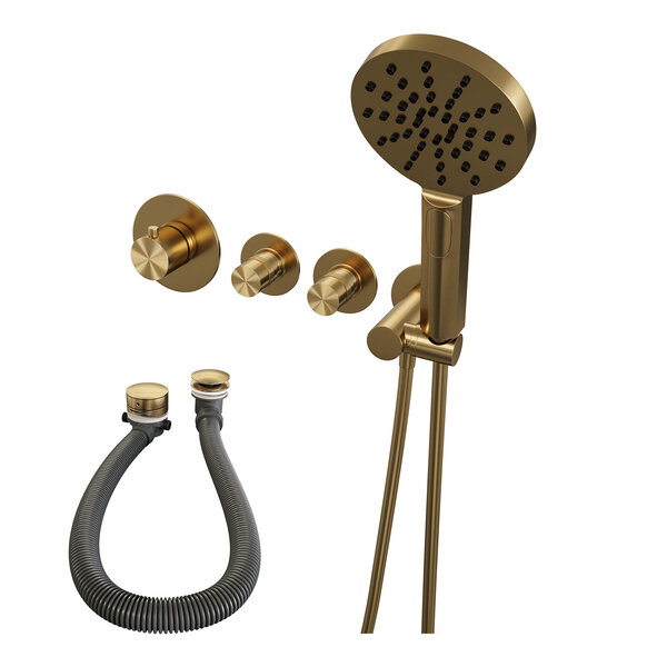 Brauer Brauer Gold Edition Thermostatische Inbouw Badkraan met Omstel, Badvulcombinatie, Stopkranen, Wandhouder met Wateruitlaat, 3-Standen Handdouche & Doucheslang - Set 2 - Draaiknoppen - PVD - Geborsteld Goud