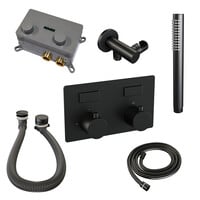 Brauer Brauer Black Edition Thermostatische Inbouw Badkraan met Omstel, Badvulcombinatie, Drukknoppen, Wandhouder met Wateruitlaat, Staafhanddouche & Doucheslang - Set 3 - Draaiknoppen - Mat Zwart