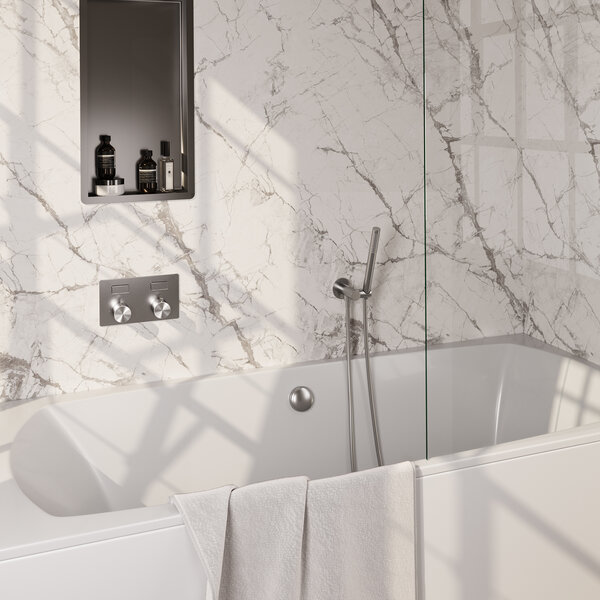 Brauer Brauer Brushed Edition Thermostatische Inbouw Badkraan met Omstel, Badvulcombinatie, Drukknoppen, Wandhouder met Wateruitlaat, Staafhanddouche & Doucheslang - Set 3 - Draaiknoppen - PVD - Geborsteld RVS