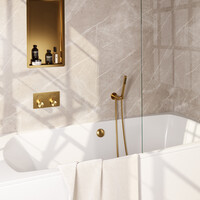 Brauer Brauer Gold Edition Thermostatische Inbouw Badkraan met Omstel, Badvulcombinatie, Drukknoppen, Wandhouder met Wateruitlaat, Staafhanddouche & Doucheslang - Set 3 - Draaiknoppen - PVD - Geborsteld Goud