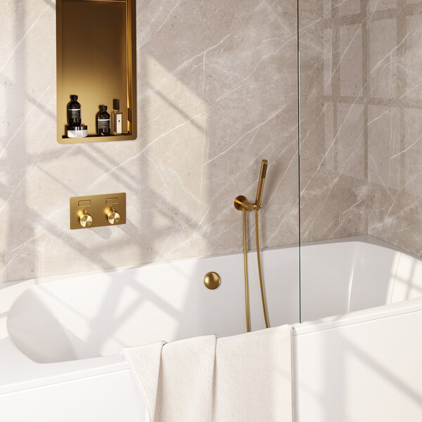 Brauer Brauer Gold Edition Thermostatische Inbouw Badkraan met Omstel, Badvulcombinatie, Drukknoppen, Wandhouder met Wateruitlaat, Staafhanddouche & Doucheslang - Set 3 - Draaiknoppen - PVD - Geborsteld Goud