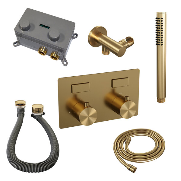 Brauer Brauer Gold Edition Thermostatische Inbouw Badkraan met Omstel, Badvulcombinatie, Drukknoppen, Wandhouder met Wateruitlaat, Staafhanddouche & Doucheslang - Set 3 - Draaiknoppen - PVD - Geborsteld Goud