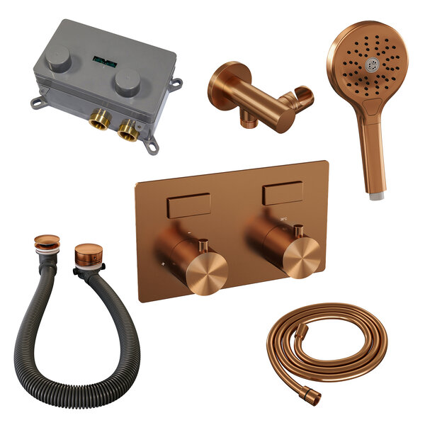 Brauer Brauer Copper Edition Thermostatische Inbouw Badkraan met Omstel, Badvulcombinatie, Drukknoppen, Wandhouder met Wateruitlaat, 3-Standen Handdouche & Doucheslang - Set 4 - Draaiknoppen - PVD - Geborsteld Koper