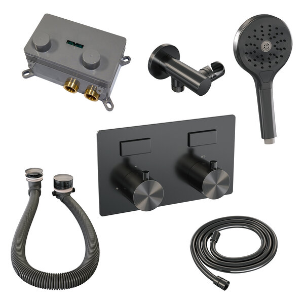 Brauer Brauer Gunmetal Edition Thermostatische Inbouw Badkraan met Omstel, Badvulcombinatie, Drukknoppen, Wandhouder met Wateruitlaat, 3-Standen Handdouche & Doucheslang - Set 4 - Draaiknoppen - PVD - Geborsteld Gunmetal
