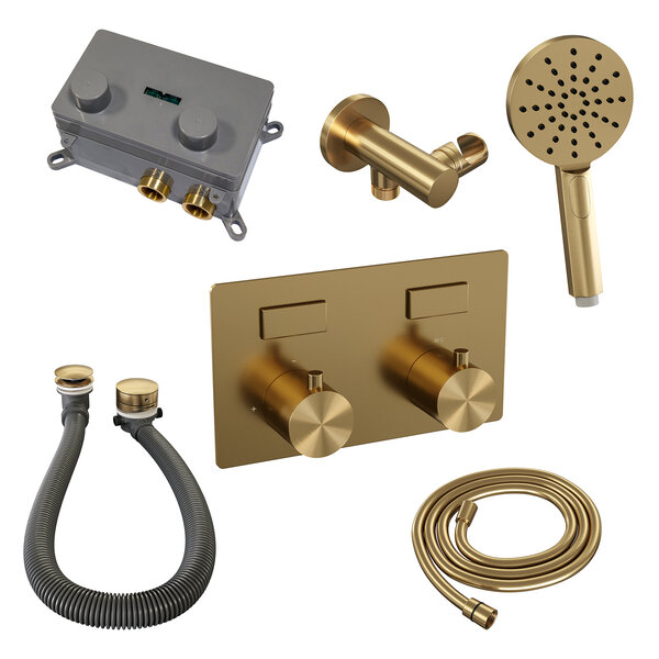 Brauer Brauer Gold Edition Thermostatische Inbouw Badkraan met Omstel, Badvulcombinatie, Drukknoppen, Wandhouder met Wateruitlaat, 3-Standen Handdouche & Doucheslang - Set 4 - Draaiknoppen - PVD - Geborsteld Goud