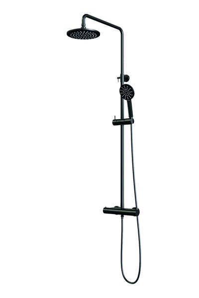 Brauer Brauer Black Editon Regendoucheset: Thermostatische Opbouwkraan met Omstel, Stijgbuis, Douchekop 20cm, 3-Standen Handdouche & Doucheslang - Set 2 - Draaiknoppen - Mat Zwart
