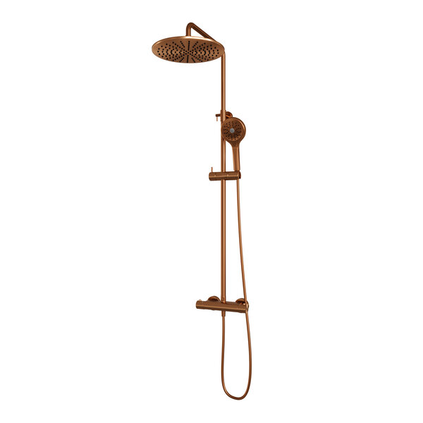 Brauer Brauer Copper Editon Regendoucheset: Thermostatische Opbouwkraan met Omstel, Stijgbuis, Douchekop Ø30cm, 3-Standen Handdouche & Doucheslang - Set 4 - Draaiknoppen - PVD - Geborsteld Koper