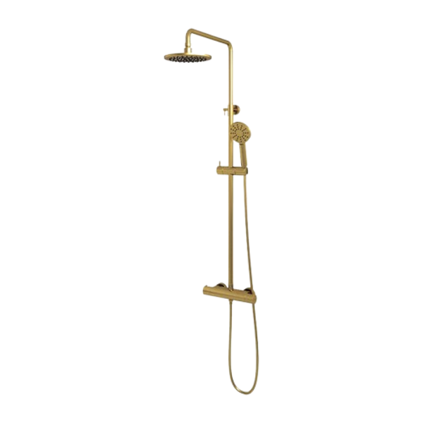 Brauer Brauer Gold Editon Regendoucheset: Thermostatische Opbouwkraan met Omstel, Stijgbuis, Douchekop 20cm, 3-Standen Handdouche & Doucheslang - Set 2 - Draaiknoppen - PVD - Geborsteld Goud