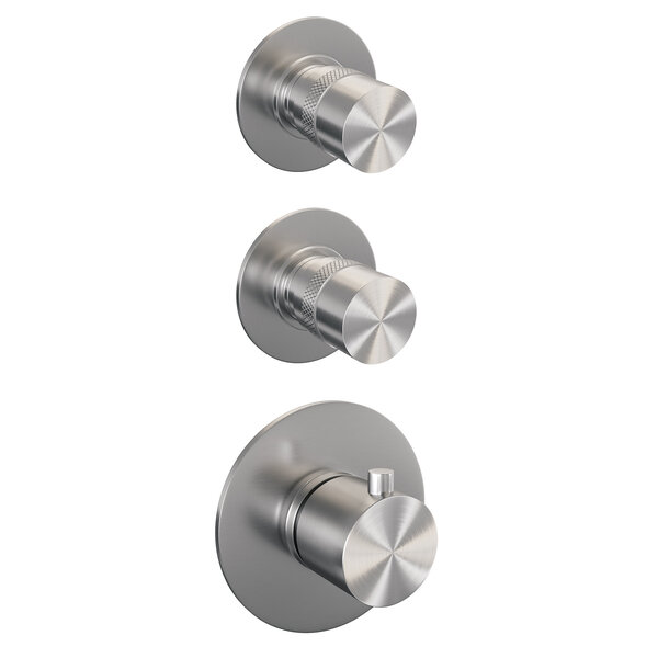 Brauer Brauer Brushed Editon Regendoucheset:  Thermostatische Inbouwkraan met Stopkranen, Rechte Wandarm, Douchekop 20cm, Wandhouder met Wateruitlaat, Staafhanddouche & Doucheslang - Set 1 - Draaiknoppen - PVD - Geborsteld RVS