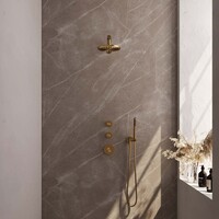 Brauer Brauer Gold Editon Regendoucheset:  Thermostatische Inbouwkraan met Stopkranen, Rechte Wandarm, Douchekop 20cm, Wandhouder met Wateruitlaat, Staafhanddouche & Doucheslang - Set 1 - Draaiknoppen - PVD - Geborsteld Goud