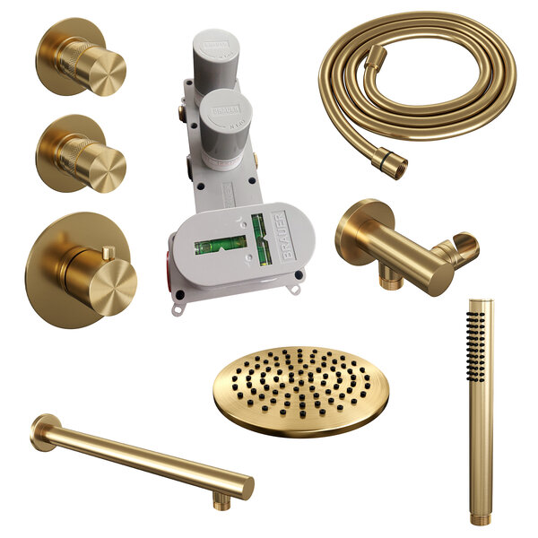 Brauer Brauer Gold Editon Regendoucheset:  Thermostatische Inbouwkraan met Stopkranen, Rechte Wandarm, Douchekop Ø20cm, Wandhouder met Wateruitlaat, Staafhanddouche & Doucheslang - Set 1 - Draaiknoppen - PVD - Geborsteld Goud