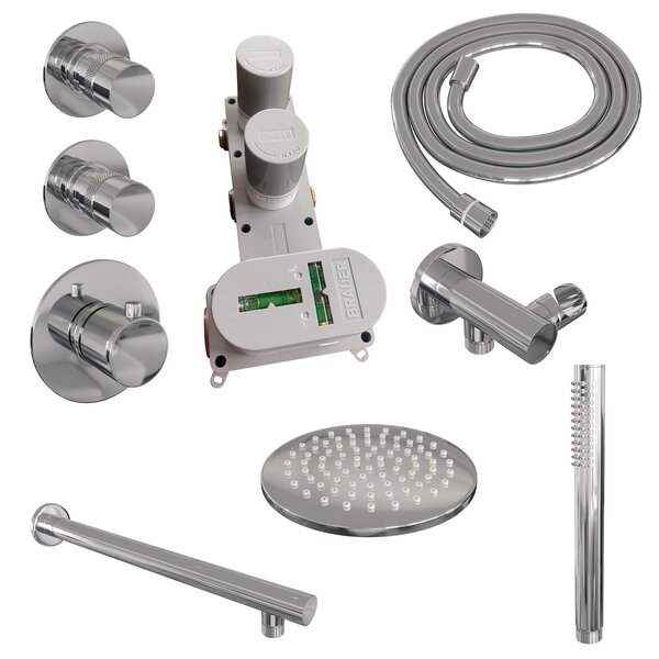 Brauer Brauer Chrome Editon Regendoucheset:  Thermostatische Inbouwkraan met Stopkranen, Rechte Wandarm, Douchekop 30cm, Wandhouder met Wateruitlaat, Staafhanddouche & Doucheslang - Set 2 - Draaiknoppen - Chroom