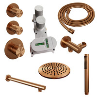 Brauer Brauer Copper Editon Regendoucheset:  Thermostatische Inbouwkraan met Stopkranen, Rechte Wandarm, Douchekop 30cm, Wandhouder met Wateruitlaat, Staafhanddouche & Doucheslang - Set 2 - Draaiknoppen - PVD - Geborsteld Koper