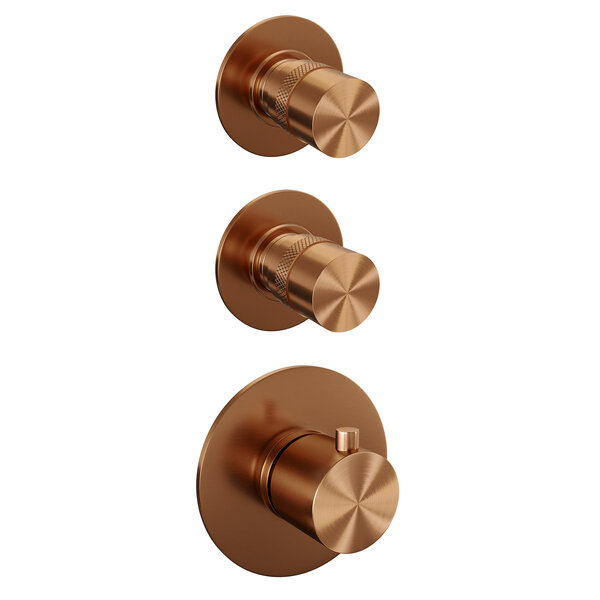 Brauer Brauer Copper Editon Regendoucheset:  Thermostatische Inbouwkraan met Stopkranen, Rechte Wandarm, Douchekop Ø30cm, Wandhouder met Wateruitlaat, Staafhanddouche & Doucheslang - Set 2 - Draaiknoppen - PVD - Geborsteld Koper