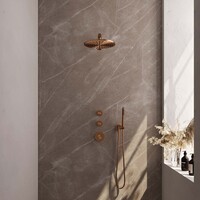 Brauer Brauer Copper Editon Regendoucheset:  Thermostatische Inbouwkraan met Stopkranen, Rechte Wandarm, Douchekop 30cm, Wandhouder met Wateruitlaat, Staafhanddouche & Doucheslang - Set 2 - Draaiknoppen - PVD - Geborsteld Koper