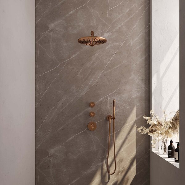 Brauer Brauer Copper Editon Regendoucheset:  Thermostatische Inbouwkraan met Stopkranen, Rechte Wandarm, Douchekop 30cm, Wandhouder met Wateruitlaat, Staafhanddouche & Doucheslang - Set 2 - Draaiknoppen - PVD - Geborsteld Koper