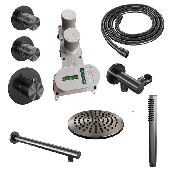 Brauer Brauer Gunmetal Editon Regendoucheset:  Thermostatische Inbouwkraan met Stopkranen, Rechte Wandarm, Douchekop 30cm, Wandhouder met Wateruitlaat, Staafhanddouche & Doucheslang - Set 2 - Draaiknoppen - PVD - Geborsteld Gunmetal