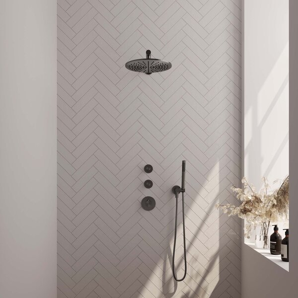 Brauer Brauer Gunmetal Editon Regendoucheset:  Thermostatische Inbouwkraan met Stopkranen, Rechte Wandarm, Douchekop 30cm, Wandhouder met Wateruitlaat, Staafhanddouche & Doucheslang - Set 2 - Draaiknoppen - PVD - Geborsteld Gunmetal
