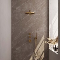 Brauer Brauer Gold Editon Regendoucheset:  Thermostatische Inbouwkraan met Stopkranen, Rechte Wandarm, Douchekop 30cm, Wandhouder met Wateruitlaat, Staafhanddouche & Doucheslang - Set 2 - Draaiknoppen - PVD - Geborsteld Goud