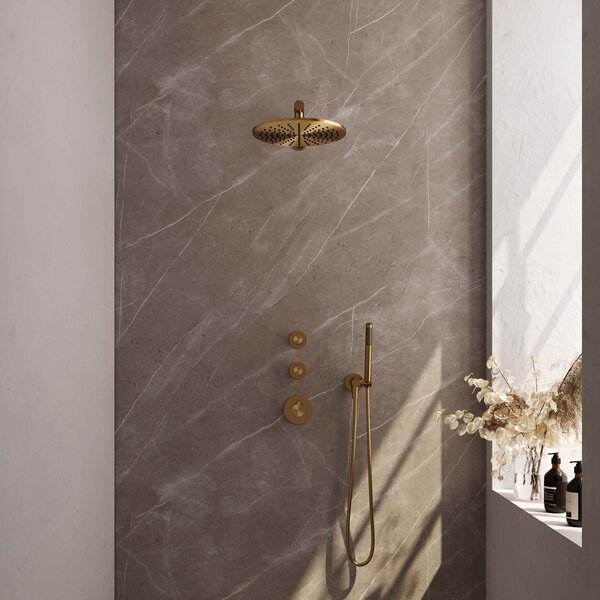 Brauer Brauer Gold Editon Regendoucheset:  Thermostatische Inbouwkraan met Stopkranen, Rechte Wandarm, Douchekop 30cm, Wandhouder met Wateruitlaat, Staafhanddouche & Doucheslang - Set 2 - Draaiknoppen - PVD - Geborsteld Goud