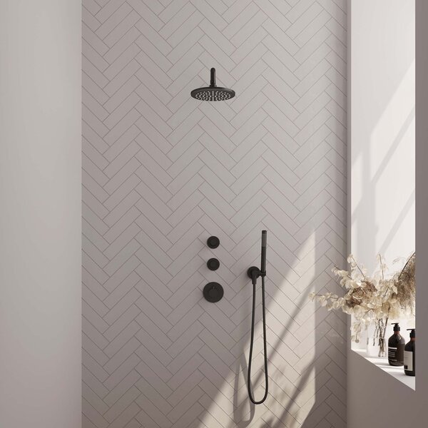 Brauer Brauer Black Editon Regendoucheset:  Thermostatische Inbouwkraan met Stopkranen, Gebogen Wandarm, Douchekop 20cm, Wandhouder met Wateruitlaat, Staafhanddouche & Doucheslang - Set 3 - Draaiknoppen - Mat Zwart