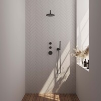 Brauer Brauer Black Editon Regendoucheset:  Thermostatische Inbouwkraan met Stopkranen, Gebogen Wandarm, Douchekop 20cm, Wandhouder met Wateruitlaat, Staafhanddouche & Doucheslang - Set 3 - Draaiknoppen - Mat Zwart
