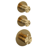 Brauer Brauer Gold Editon Regendoucheset:  Thermostatische Inbouwkraan met Stopkranen, Gebogen Wandarm, Douchekop Ø20cm, Wandhouder met Wateruitlaat, Staafhanddouche & Doucheslang - Set 3 - Draaiknoppen - PVD - Geborsteld Goud