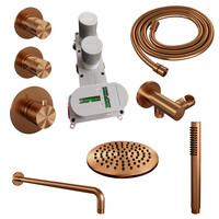 Brauer Brauer Copper Editon Regendoucheset:  Thermostatische Inbouwkraan met Stopkranen, Gebogen Wandarm, Douchekop 30cm, Wandhouder met Wateruitlaat, Staafhanddouche & Doucheslang - Set 4 - Draaiknoppen - PVD - Geborsteld Koper