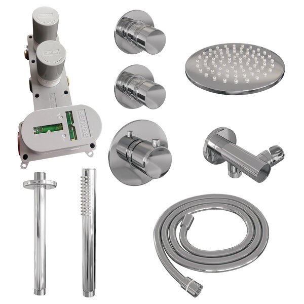 Brauer Brauer Chrome Editon Regendoucheset:  Thermostatische Inbouwkraan met Stopkranen, Plafondarm, Douchekop 20cm, Wandhouder met Wateruitlaat, Staafhanddouche & Doucheslang - Set 5 - Draaiknoppen - Chroom