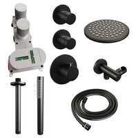 Brauer Brauer Black Editon Regendoucheset:  Thermostatische Inbouwkraan met Stopkranen, Plafondarm, Douchekop 20cm, Wandhouder met Wateruitlaat, Staafhanddouche & Doucheslang - Set 5 - Draaiknoppen - Mat Zwart