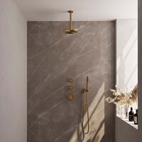Brauer Brauer Gold Editon Regendoucheset:  Thermostatische Inbouwkraan met Stopkranen, Plafondarm, Douchekop 20cm, Wandhouder met Wateruitlaat, Staafhanddouche & Doucheslang - Set 5 - Draaiknoppen - PVD - Geborsteld Goud