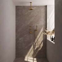 Brauer Brauer Gold Editon Regendoucheset:  Thermostatische Inbouwkraan met Stopkranen, Plafondarm, Douchekop 20cm, Wandhouder met Wateruitlaat, Staafhanddouche & Doucheslang - Set 5 - Draaiknoppen - PVD - Geborsteld Goud