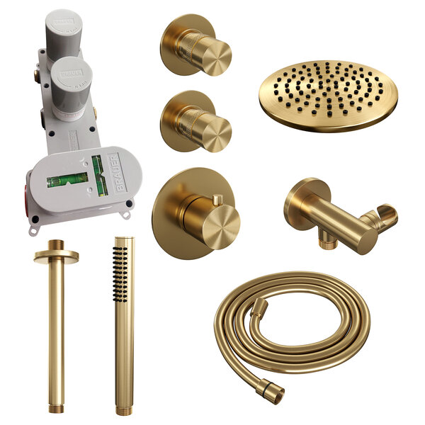 Brauer Brauer Gold Editon Regendoucheset:  Thermostatische Inbouwkraan met Stopkranen, Plafondarm, Douchekop Ø30cm, Wandhouder met Wateruitlaat, Staafhanddouche & Doucheslang - Set 6 - Draaiknoppen - PVD - Geborsteld Goud